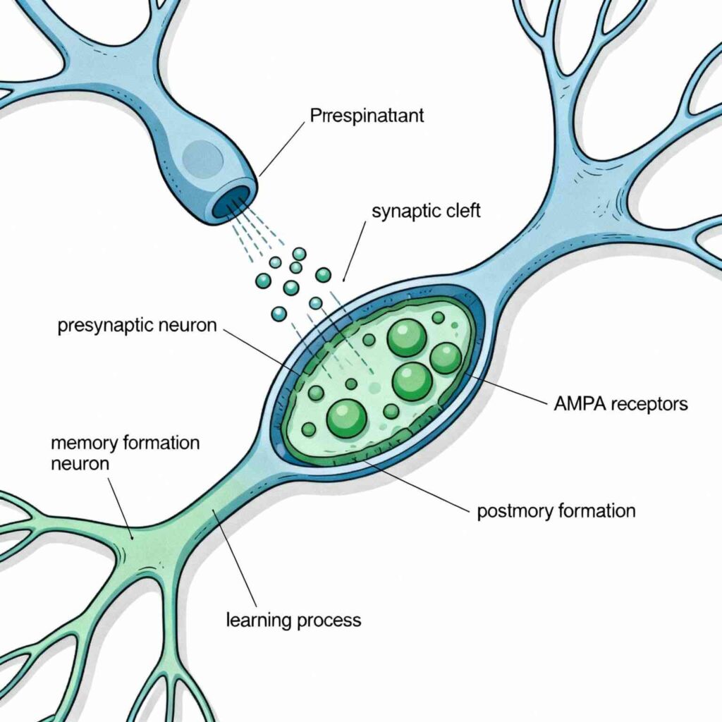 Scientific illustration of AMPA receptors at brain synapses
