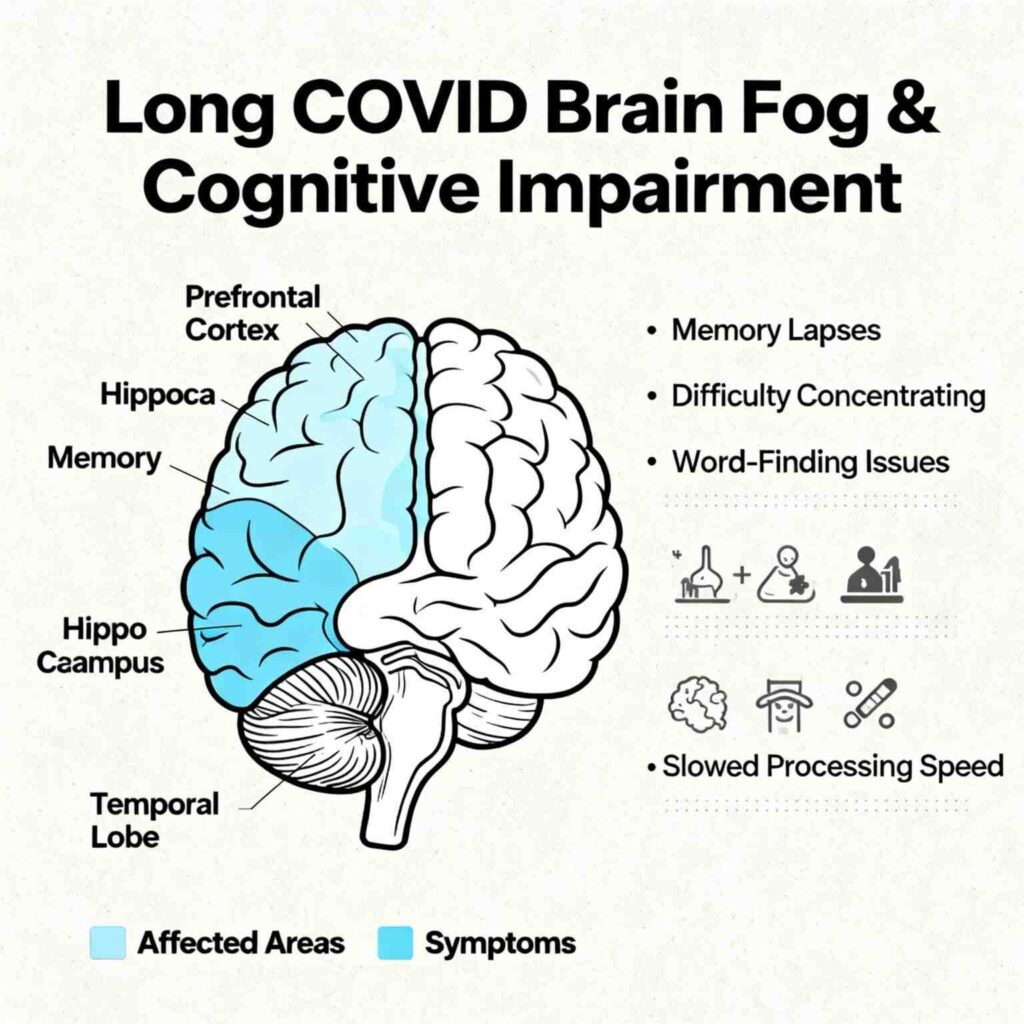 Medical illustration showing Long COVID brain fog symptoms

