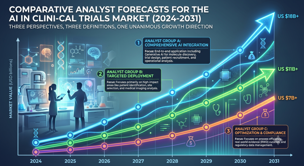Chart comparing three analyst forecasts for the AI in clinical trials market from 2024 to 2031