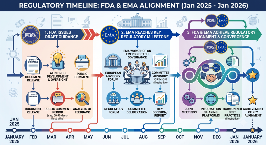 Timeline of AI regulation in clinical research from FDA draft guidance in 2025 to FDA-EMA alignment in 2026