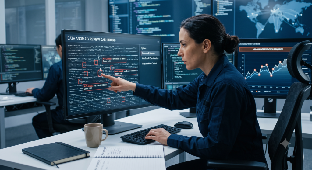  Clinical data manager reviewing AI-flagged anomalies in trial data on a monitoring dashboard